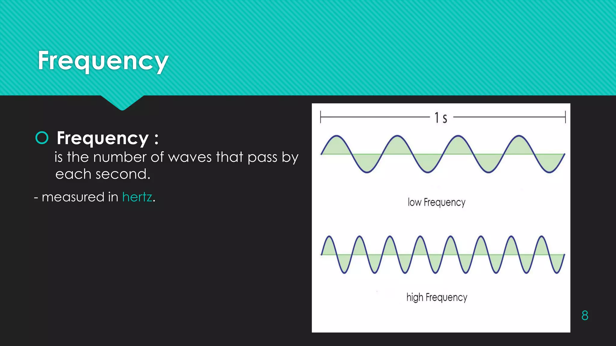 Frequency
 Frequency :
is the number of waves that pass by
each second.
- measured in hertz.
8
 