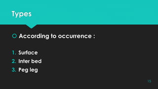 Types
 According to occurrence :
1. Surface
2. Inter bed
3. Peg leg
15
 