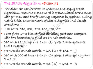 The Stack Algorithm -Example
• Consider the earlier R=1/3 code tree and apply stack
algorithm. Assume a code word is transmitted over a BSC
with p=0.10 and the following sequence is received. Using
metric table, show content of stack stepwise and decode
correct word.
• r = (010, 010, 001, 110, 100, 101, 011
• Take first n=3 bits at first dividing part and compare
with two branches to find toe branch matrics.
• 010 with 111 at upper branch (1) gives 2 discrepancies
and 1 match.
• From table branch metric = 2X (-5) + 1X1 = -9
• 010 with 000 at lower branch (0) gives 1 discrepancy and
2 match.
• From table branch metric = 1X (-5) + 2X1 = -3
 