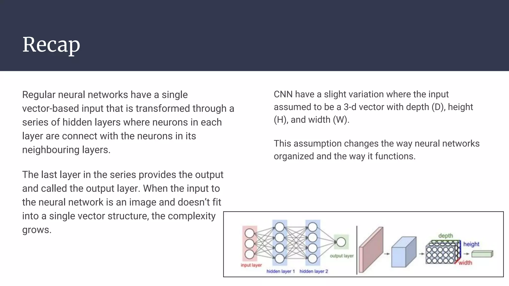 Recap
Regular neural networks have a single
vector-based input that is transformed through a
series of hidden layers where neurons in each
layer are connect with the neurons in its
neighbouring layers.
The last layer in the series provides the output
and called the output layer. When the input to
the neural network is an image and doesn’t fit
into a single vector structure, the complexity
grows.
CNN have a slight variation where the input
assumed to be a 3-d vector with depth (D), height
(H), and width (W).
This assumption changes the way neural networks
organized and the way it functions.
 