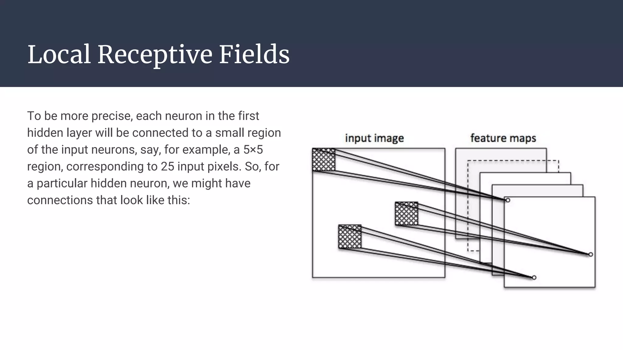 Local Receptive Fields
To be more precise, each neuron in the first
hidden layer will be connected to a small region
of the input neurons, say, for example, a 5×5
region, corresponding to 25 input pixels. So, for
a particular hidden neuron, we might have
connections that look like this:
 