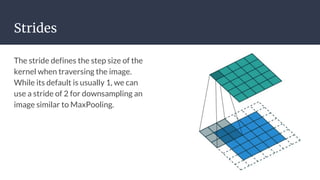 Strides
The stride defines the step size of the
kernel when traversing the image.
While its default is usually 1, we can
use a stride of 2 for downsampling an
image similar to MaxPooling.
 