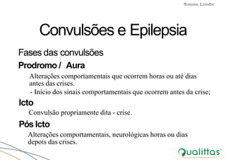 Convulsões e Epilepsia Prof. Me PostGrad Romano, Leandro
Convulsões e Epilepsia
Fases das convulsões
Prodromo / Aura
Alterações comportamentais que ocorrem horas ou até dias
antes das crises.
- Início dos sinais comportamentais que ocorrem antes da crise;
Icto
Convulsão propriamente dita - crise.
Pós Icto
Alterações comportamentais, neurológicas horas ou dias
depois das crises.
 