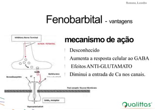 Convulsões e Epilepsia Prof. Me PostGrad Romano, Leandro
Fenobarbital - vantagens
mecanismo de ação
! Desconhecido
! Aumenta a resposta celular ao GABA
! EfeitosANTI-GLUTAMATO
! Diminui a entrada de Ca nos canais.
 