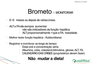 Convulsões e Epilepsia Prof. Me PostGrad Romano, Leandro
Brometo - MONITORAR
! 6 / 6 meses ou depois de váriascrises.
! ALTe FAvãosempre aumentar
! não são indicadores da função hepática
! ALTproporcionalmente >que a FA- toxicidade.
! Melhor teste função hepática - Ácidosbiliares
! Registrar e monitorar ao longo do tempo:
! Dose oral e concentração séria
! Albumina, uréia, colesterol,bilirrubina, glicose,ALT, FA.
! CALENDÁRIODASCRISES (proprietários devem fazer)
Não mudar a dieta!
 