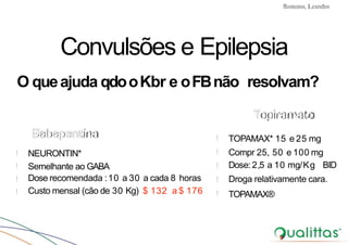 Convulsões e Epilepsia Prof. Me PostGrad Romano, Leandro
!
!
!
!
!
Topiramato
TOPAMAX* 15 e 25 mg
Compr 25, 50 e 100 mg
Dose: 2,5 a 10 mg/Kg BID
Droga relativamente cara.
TOPAMAX®
!
!
!
!
Gabapentina
NEURONTIN*
Semelhante ao GABA
Dose recomendada :10 a 30 a cada 8 horas
Custo mensal (cão de 30 Kg) $ 132 a $ 176
Convulsões e Epilepsia
O queajuda qdooKbr e oFBnão resolvam?
 
