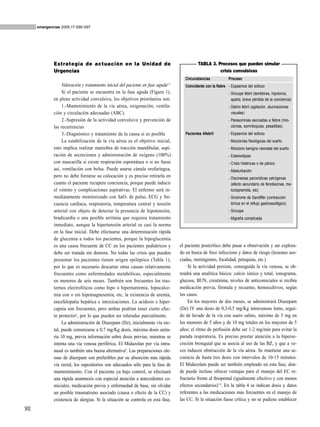 emergencias 2005;17:S90-S97




              Estrategia de actuación en la Unidad de                                         TABLA 3. Procesos que pueden simular
              Urgencias                                                                                 crisis convulsivas
                                                                                       Circunstancias            Proceso
                   Valoración y tratamiento inicial del paciente en fase aguda1,4      Coincidente con la fiebre - Espasmos del sollozo
                   Si el paciente se encuentra en la fase aguda (Figura 1),                                      - Síncope febril (temblores, hipotonía,
              en plena actividad convulsiva, los objetivos prioritarios son:                                       apatía, breve pérdida de la conciencia)
                   1.-Mantenimiento de la vía aérea, oxigenación, ventila-                                       - Delirio febril (agitación, alucinaciones
              ción y circulación adecuadas (ABC).                                                                  visuales)
                   2.-Supresión de la actividad convulsiva y prevención de                                       - Parasomnias asociadas a fiebre (mio-
              las recurrencias                                                                                     clonias, somniloquias, pesadillas).
                   3.-Diagnóstico y tratamiento de la causa si es posible              Pacientes Afebril         - Espasmos del sollozo
                   La estabilización de la vía aérea es el objetivo inicial,                                     - Mioclonías fisiológicas del sueño
              esto implica realizar maniobra de tracción mandibular, aspi-                                       - Mioclono benigno neonatal del sueño
              ración de secreciones y administración de oxígeno (100%)                                           - Estereotipias
              con mascarilla si existe respiración espontánea o si no fuese                                      - Crisis histéricas o de pánico
              así, ventilación con bolsa. Puede usarse cánula orofaríngea,                                       - Masturbación
              pero no debe forzarse su colocación y es preciso retirarla en                                      - Discinesias paroxísticas yatrógenas
              cuanto el paciente recupere conciencia, porque puede inducir                                         (efecto secundario de fenotiacinas, me-
              el vómito y complicaciones aspirativas. El enfermo será in-                                          toclopramida, etc)
              mediatamente monitorizado con SaO2 de pulso, ECG y fre-                                            - Síndrome de Sandiffer (contracción
              cuencia cardiaca, respiratoria, temperatura central y tensión                                        tónica en el reflujo gastroesofágico)
              arterial con objeto de detectar la presencia de hipotensión,                                       - Síncope
              bradicardia o una posible arritmia que requiera tratamiento                                        - Migraña complicada
              inmediato, aunque la hipertensión arterial es casi la norma
              en la fase inicial. Debe efectuarse una determinación rápida
              de glucemia a todos los pacientes, porque la hipoglucemia
              es una causa frecuente de CC en los pacientes pediátricos y           el paciente postcrítico debe pasar a observación y ser explora-
              debe ser tratada sin demora. No todas las crisis que pueden           do en busca de foco infeccioso y datos de riesgo (lesiones aso-
              presentar los pacientes tienen origen epiléptico (Tabla 1),           ciadas, meningismo, focalidad, petequias, etc.)
              por lo que es necesario descartar otras causas relativamente              Si la actividad persiste, conseguida la vía venosa, se ob-
              frecuentes como enfermedades metabólicas, especialmente               tendrá una analítica básica: calcio iónico y total, ionograma,
              en menores de seis meses. También son frecuentes los tras-            glucosa, BUN, creatinina, niveles de anticomiciales si recibía
              tornos electrolíticos como hipo o hipernatremia, hipocalce-           medicación previa, fórmula y recuento, hemocultivos, según
              mia con o sin hipomagnesemia, etc, la existencia de uremia,           los casos.
              encefalopatía hepática e intoxicaciones. La acidosis e hiper-             En los mayores de dos meses, se administrará Diazepam
              capnia son frecuentes, pero ambas podrían tener cierto efec-          (Dz) IV una dosis de 0,3-0,5 mg/Kg intravenoso lento, segui-
              to protector5, por lo que pueden ser toleradas parcialmente.          do de lavado de la vía con suero salino, máximo de 5 mg en
                   La administración de Diazepam (Dz), inicialmente vía rec-        los menores de 5 años y de 10 mg totales en los mayores de 5
              tal, puede comenzarse a 0,7 mg/Kg dosis, máxima dosis unita-          años; el ritmo de perfusión debe ser 1-2 mg/min para evitar la
              ria 10 mg, previa información sobre dosis previas, mientras se        parada respiratoria. Es preciso prestar atención a la hiperse-
              intenta una vía venosa periférica. El Midazolan por vía intra-        creción bronquial que se asocia al uso de las BZ, y que a ve-
              nasal es también una buena alternativa6. Las preparaciones ole-       ces inducen obstrucción de la vía aérea. Se mantiene una se-
              osas de diazepam son preferibles por su absorción mas rápida          cuencia de hasta tres dosis con intervalos de 10-15 minutos.
              vía rectal, los supositorios son adecuados sólo para la fase de       El Midazolam puede ser también empleado en esta fase, don-
              mantenimiento. Con el paciente ya bajo control, se efectuará          de puede incluso ofrecer ventajas para el manejo del EC re-
              una rápida anamnesis con especial atención a antecedentes co-         fractario frente al thiopental (igualmente efectivo y con menos
              miciales, medicación previa y enfermedad de base, sin olvidar         efectos secundarios)7-9. En la tabla 4 se indican dosis y datos
              un posible traumatismo asociado (causa o efecto de la CC) y           referentes a las medicaciones más frecuentes en el manejo de
              existencia de alergias. Si la situación se controla en esta fase,     las CC. Si la situación fuese crítica y no se pudiese establecer
S92
 