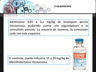 tratamiento
Administrar 0,05 a 0,1 mg/kg de lorazepam porvía
intravenosa, pudiendo usarse una segundadosis si la
convulsión persiste. La mayoría de lasveces, la convulsión
cede con este esquema.
Si continúa, puede indicarse 15 a 20 mg/kg de
difenilhidantoína intravenosa.
 