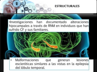 ESTRUCTURALES
•Investigaciones han documentado alteraciones
hipocampales a través de RNM en individuos que han
sufrido CF y sus familiares.
• Malformaciones que generan lesiones
escleróticas similares a las vistas en la epilepsia
del lóbulo temporal.
 