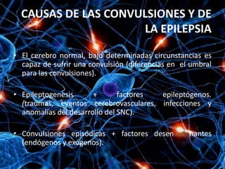 CAUSAS DE LAS CONVULSIONES Y DE
                      LA EPILEPSIA

• El cerebro normal, bajo determinadas circunstancias es
  capaz de sufrir una convulsión (diferencias en el umbral
  para las convulsiones).

• Epileptogenesis      +       factores epileptógenos.
  (traumas, eventos cerebrovasculares, infecciones y
  anomalías del desarrollo del SNC).

• Convulsiones episódicas + factores desencadenantes
  (endógenos y exógenos).
 