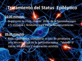 Tratamiento del Status Epiléptico
10-20 minutos:
• Si persiste la crisis: repetir dosis de la benzodiacepin
  a 5 minutos + fenitoína para evitar las recurrencias.

20-30 minutos
• Bajo supervisión, considerar el uso de piridoxina o
  una tercera dosis de la benzodiacepina. *decidir si
  iniciar intubación y respiración asistida.
 