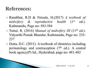  Ranabhat, R.D & Niraula, H.(2017) A textbook of
midwifery & reproductive health (1st ed.).
Kathmandu, Page no: 583-584
 Tuitui, R. (2016) Manual of midwifery III (11th ed.).
Vidyarthi Pustak Bhandar, Kathmandu, Page no: 235-
237
 Dutta, D.C. (2011). A textbook of obstetrics including
perinatology and contraception (7th ed.). A central
book agency(P) ltd., Hyderabad, page no: 481-482
4/18/2018 30REENA BHAGAT
 