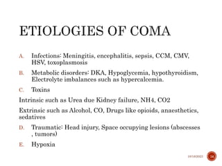 A. Infections: Meningitis, encephalitis, sepsis, CCM, CMV,
HSV, toxoplasmosis
B. Metabolic disorders: DKA, Hypoglycemia, hypothyroidism,
Electrolyte imbalances such as hypercalcemia.
C. Toxins
Intrinsic such as Urea due Kidney failure, NH4, CO2
Extrinsic such as Alcohol, CO, Drugs like opioids, anaesthetics,
sedatives
D. Traumatic: Head injury, Space occupying lesions (abscesses
, tumors)
E. Hypoxia
10/18/2023 14
 