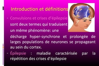 Introduction et définitions
- Convulsions et crises d’épilepsie
  sont deux termes qui traduisent
  un même phénomène: une
  décharge hyper-synchrone et prolongée de
  larges populations de neurones se propageant
  au sein du cortex.
- Épilepsie : maladie caractérisée par la
  répétition des crises d’épilepsie
 
