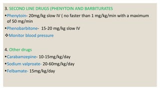 3. SECOND LINE DRUGS (PHENYTOIN AND BARBITURATES
Phenytoin- 20mg/kg slow IV ( no faster than 1 mg/kg/min with a maximum
of 50 mg/min
Phenobarbitone- 15-20 mg/kg slow IV
Monitor blood pressure
4. Other drugs
Carabamzepine- 10-15mg/kg/day
Sodium valproate- 20-60mg/kg/day
Felbamate- 15mg/kg/day
 