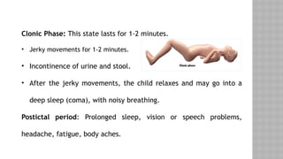 Clonic Phase: This state lasts for 1-2 minutes.
• Jerky movements for 1-2 minutes.
• Incontinence of urine and stool.
• After the jerky movements, the child relaxes and may go into a
deep sleep (coma), with noisy breathing.
Postictal period: Prolonged sleep, vision or speech problems,
headache, fatigue, body aches.
 