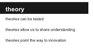 theory
theories can be tested
theories allow us to share understanding
theories point the way to innovation
 