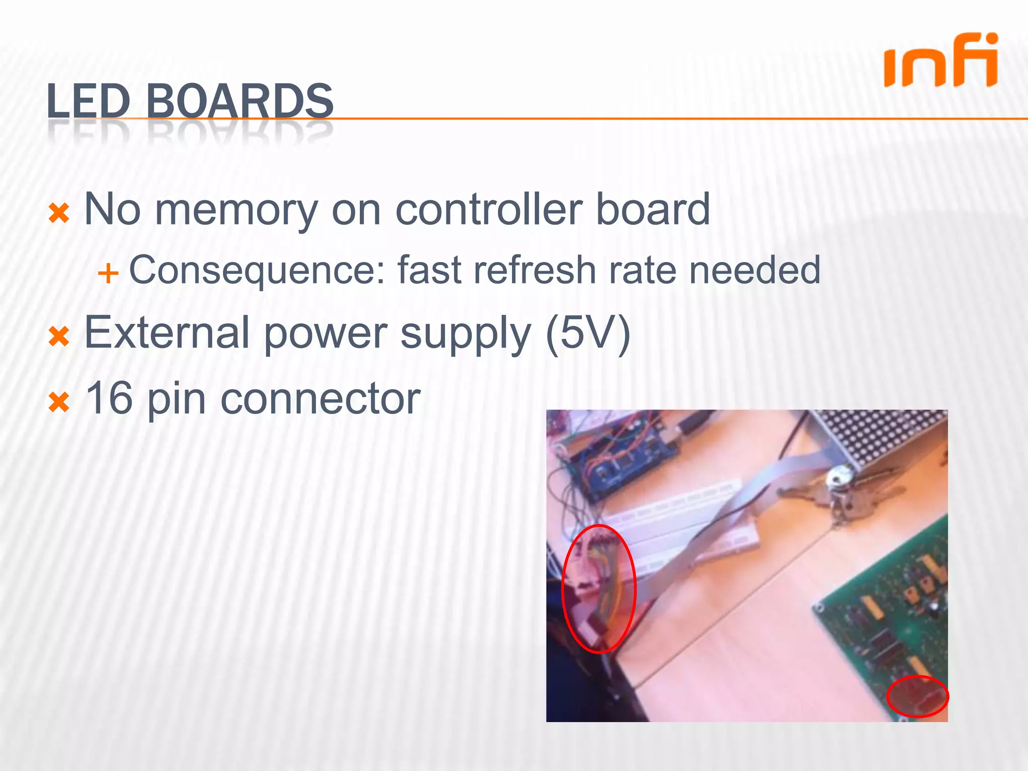 LED boardsNo memory on controller boardConsequence: fast refresh rate neededExternal power supply (5V)16 pin connector