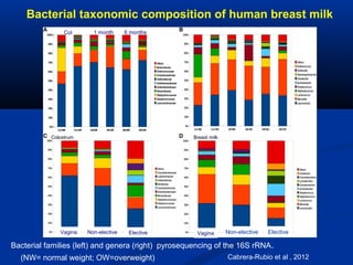 Cabrera-Rubio et al , 2012
Bacterial taxonomic composition of human breast milk
Bacterial families (left) and genera (right) pyrosequencing of the 16S rRNA.
Col 1 month 6 months
Vagina Non-elective Elective
Colostrum Breast milk
Vagina Non-elective Elective
(NW= normal weight; OW=overweight)
 