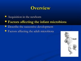 OverviewOverview
 Acquisition in the newbornAcquisition in the newborn
 Factors affecting the infant microbiotaFactors affecting the infant microbiota
 Describe the successive developmentDescribe the successive development
 Factors affecting the adult microbiotaFactors affecting the adult microbiota
 