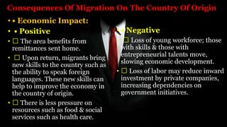 Consequences Of Migration On The Country Of Origin
• • Economic Impact:
• • Positive
• The area benefits from
remittances sent home.
• Upon return, migrants bring
new skills to the country such as
the ability to speak foreign
languages. These new skills can
help to improve the economy in
the country of origin.
• There is less pressure on
resources such as food & social
services such as health care.
• • Negative
• Loss of young workforce; those
with skills & those with
entrepreneurial talents move,
slowing economic development.
• Loss of labor may reduce inward
investment by private companies,
increasing dependencies on
government initiatives.
 