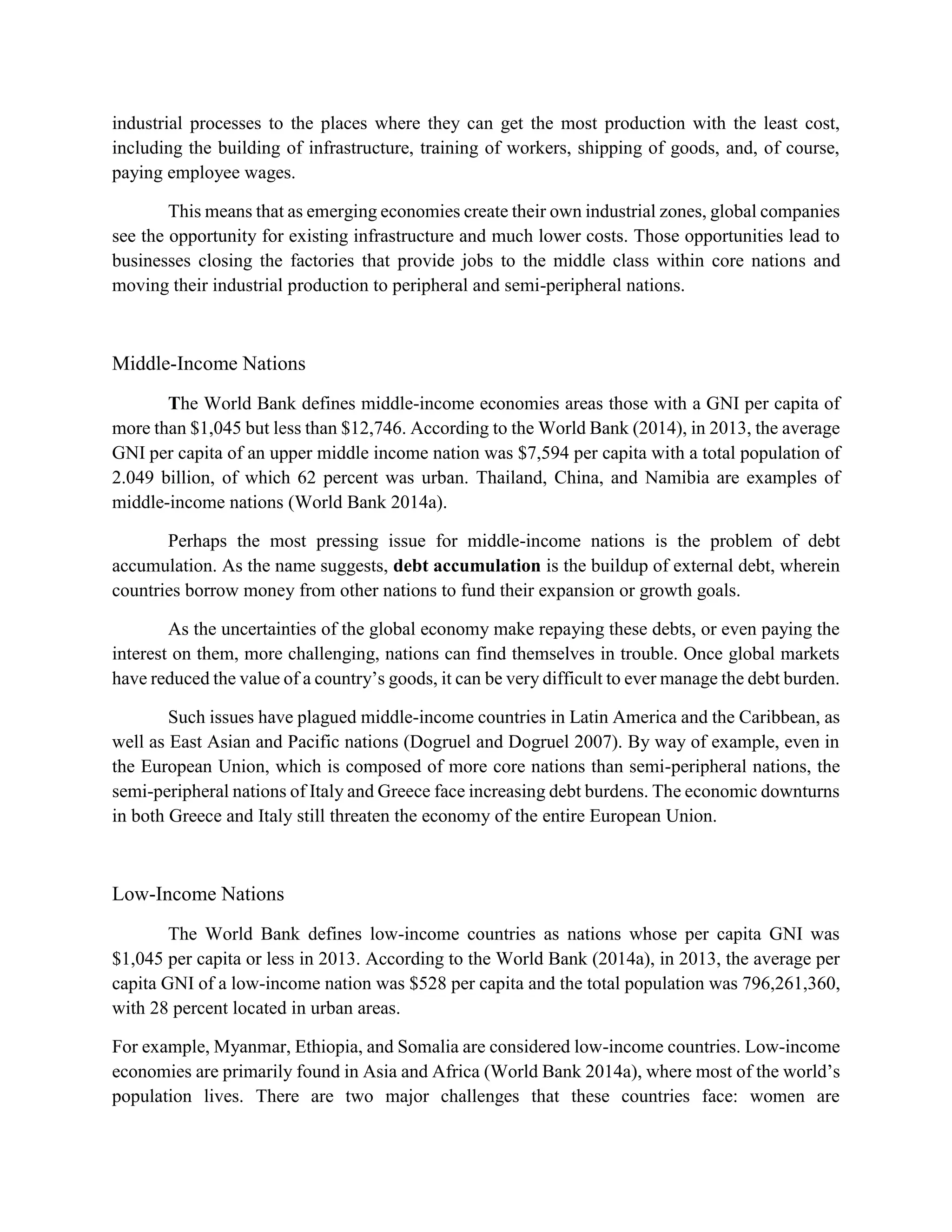 industrial processes to the places where they can get the most production with the least cost,
including the building of infrastructure, training of workers, shipping of goods, and, of course,
paying employee wages.
This means that as emerging economies create their own industrial zones, global companies
see the opportunity for existing infrastructure and much lower costs. Those opportunities lead to
businesses closing the factories that provide jobs to the middle class within core nations and
moving their industrial production to peripheral and semi-peripheral nations.
Middle-Income Nations
The World Bank defines middle-income economies areas those with a GNI per capita of
more than $1,045 but less than $12,746. According to the World Bank (2014), in 2013, the average
GNI per capita of an upper middle income nation was $7,594 per capita with a total population of
2.049 billion, of which 62 percent was urban. Thailand, China, and Namibia are examples of
middle-income nations (World Bank 2014a).
Perhaps the most pressing issue for middle-income nations is the problem of debt
accumulation. As the name suggests, debt accumulation is the buildup of external debt, wherein
countries borrow money from other nations to fund their expansion or growth goals.
As the uncertainties of the global economy make repaying these debts, or even paying the
interest on them, more challenging, nations can find themselves in trouble. Once global markets
have reduced the value of a country’s goods, it can be very difficult to ever manage the debt burden.
Such issues have plagued middle-income countries in Latin America and the Caribbean, as
well as East Asian and Pacific nations (Dogruel and Dogruel 2007). By way of example, even in
the European Union, which is composed of more core nations than semi-peripheral nations, the
semi-peripheral nations of Italy and Greece face increasing debt burdens. The economic downturns
in both Greece and Italy still threaten the economy of the entire European Union.
Low-Income Nations
The World Bank defines low-income countries as nations whose per capita GNI was
$1,045 per capita or less in 2013. According to the World Bank (2014a), in 2013, the average per
capita GNI of a low-income nation was $528 per capita and the total population was 796,261,360,
with 28 percent located in urban areas.
For example, Myanmar, Ethiopia, and Somalia are considered low-income countries. Low-income
economies are primarily found in Asia and Africa (World Bank 2014a), where most of the world’s
population lives. There are two major challenges that these countries face: women are
 