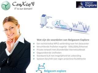 Wat zijn de voordelen van Belgacom Explore
Een rechtstreekse MPLS-verbinding naar het datacenter
Verschillende Profielen mogelijk : VDSL/SDSL/Ethernet
Private network met afzonderlijke internetoutbreak
Gegarandeerde snelheden
Standaard SLA met mogelijkheid tot uitbreiding
Systeem beschikt over eigen proactieve foutdetectie
 