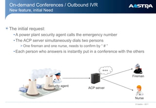 On-demand Conferences / Outbound IVR
New feature, initial Need



The initial request:
  • A power plant security agent calls the emergency number
  • The ACP server simultaneously dials two persons
      > One fireman and one nurse, needs to confirm by “ # ”
  • Each person who answers is instantly put in a conference with the others



                                                        +++
                                                                     Fireman


                       Security agent
                                               ACP server


                                                                      Nurse
                                                                       © Aastra – 2011
 