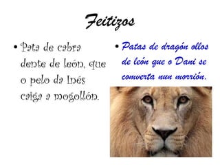 Feitizos 
● Pata de cabra 
dente de león, que 
o pelo da Inés 
caiga a mogollón. 
● Patas de dragón ollos 
de león que o Dani se 
comverta nun morrión. 
 