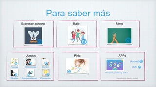 Para saber más
Expresión corporal RitmoBaile
Juegos APPs
Formas Diferencias Dentro
Siluetas Rompecabezas Conceptos
Respira, piensa y actua
Disponible en Apple y Android
Pinta
(Android)
(iOS)
 
