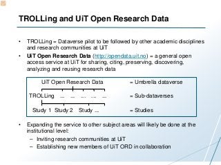 TROLLing and UiT Open Research Data
• TROLLing = Dataverse pilot to be followed by other academic disciplines
and research...
