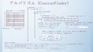 アルゴリズム（CooccurFinder）
                             ① 調査対象フィールドの
                             すべての単語を調べるループ
      調査対象フィールドの辞書                ② 当該単語を含むdocIdを
  ①
      東京        1, 2, 5, …        順に調べるループ

      大阪        1, 3, 4, …                ③ 当該docIdについての                     ④ 当該単語「東京」をサーチ
                                            term position vector（TPV）を取得
      神奈川       4, 5, 7, …
                                     String[]     江東区        足立区     北区      北砂    東京
      千葉
                                         ⑥
      埼玉
                                     当該単語「東京」以外の単語の位置が、                    ⑤ BitSetを用意し、当該単語「東京」の位置を
      ：                              ⑤で保存しておいた位置と近い場合                       TPVから調べた結果のビットを立てる
                                     （slop以内）は「共起」している
            ②                        としてインデックスに保存
                                                                             0 1 1 0 0 ・・・    1
TermsEnum       DocsEnum
                                         「東京」と共起する「江東区」のスコアは、次のように算出され、
                                         インデックス時ブースト値として記録される
                                            東京             江東区
                                            a        c       b

  性能のための最適化
  •①のループでは、docFreq/numDocsが0.02〜10%（デフォルト）の単語のみ処理を行う（例：1万件のインデックスで、docFreqが2件から100件まで）
  •②のループでは、maxDocsToAnalyzeまで（デフォルト1000）で打ち切る（最後の方のドキュメントが調査されない）
  •⑤のBitSetは長さMAX_TERMS_PER_DOC（デフォルト1万）までしか用意しない
  •すべての単語について、ストップワードの調査を行い、登録されているストップワードの場合は処理をスキップする
                                                Copyright (c) 2013 RONDHUIT          4
 