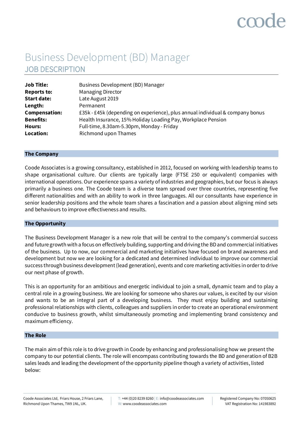 Coode Associates Business Development Manager Job description (july 2019)