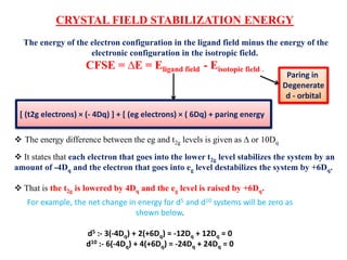 CRYSTAL FIELD STABILIZATION ENERGY
The energy of the electron configuration in the ligand field minus the energy of the
electronic configuration in the isotropic field.
CFSE = ∆E = Eligand field - Eisotopic field .
 The energy difference between the eg and t2g levels is given as ∆ or 10Dq
 It states that each electron that goes into the lower t2g level stabilizes the system by an
amount of -4Dq and the electron that goes into eg level destabilizes the system by +6Dq.
 That is the t2g is lowered by 4Dq and the eg level is raised by +6Dq.
Paring in
Degenerate
d - orbital
[ (t2g electrons) × (- 4Dq) ] + [ (eg electrons) × ( 6Dq) + paring energy
For example, the net change in energy for d5 and d10 systems will be zero as
shown below.
d5 :- 3(-4Dq) + 2(+6Dq) = -12Dq + 12Dq = 0
d10 :- 6(-4Dq) + 4(+6Dq) = -24Dq + 24Dq = 0
 