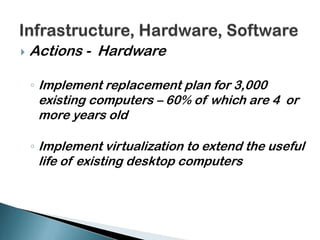 Students will master information and technology literacy skills which will prepare them to enter college or other vocational trainingTechnology Integrationinto the CurriculumActionsProvide instructional technology support at school site and district level that involves robust and flexible training and monitoring of student and teacher learningCreate digital clearinghouse for best practices and resources for curriculum, instruction and assessment.