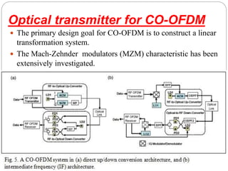 Optical transmitter for CO-OFDM
8
 The primary design goal for CO-OFDM is to construct a linear
transformation system.
 The Mach-Zehnder modulators (MZM) characteristic has been
extensively investigated.
 