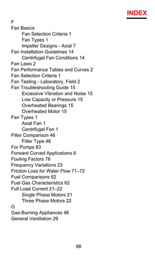 INDEX
F
Fan Basics
      Fan Selection Criteria 1
      Fan Types 1
      Impeller Designs - Axial 7
Fan Installation Guidelines 14
      Centrifugal Fan Conditions 14
Fan Laws 2
Fan Performance Tables and Curves 2
Fan Selection Criteria 1
Fan Testing - Laboratory, Field 2
Fan Troubleshooting Guide 15
      Excessive Vibration and Noise 15
      Low Capacity or Pressure 15
      Overheated Bearings 15
      Overheated Motor 15
Fan Types 1
      Axial Fan 1
      Centrifugal Fan 1
Filter Comparison 46
      Filter Type 46
For Pumps 83
Forward Curved Applications 6
Fouling Factors 76
Frequency Variations 23
Friction Loss for Water Flow 71–72
Fuel Comparisons 62
Fuel Gas Characteristics 62
Full Load Current 21–22
      Single Phase Motors 21
      Three Phase Motors 22
G
Gas-Burning Appliances 46
General Ventilation 29




                              98
 