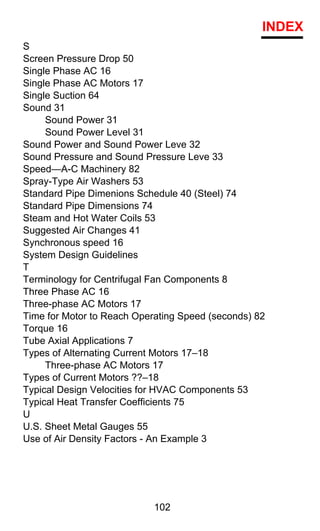 INDEX
S
Screen Pressure Drop 50
Single Phase AC 16
Single Phase AC Motors 17
Single Suction 64
Sound 31
     Sound Power 31
     Sound Power Level 31
Sound Power and Sound Power Leve 32
Sound Pressure and Sound Pressure Leve 33
Speed—A-C Machinery 82
Spray-Type Air Washers 53
Standard Pipe Dimenions Schedule 40 (Steel) 74
Standard Pipe Dimensions 74
Steam and Hot Water Coils 53
Suggested Air Changes 41
Synchronous speed 16
System Design Guidelines
T
Terminology for Centrifugal Fan Components 8
Three Phase AC 16
Three-phase AC Motors 17
Time for Motor to Reach Operating Speed (seconds) 82
Torque 16
Tube Axial Applications 7
Types of Alternating Current Motors 17–18
     Three-phase AC Motors 17
Types of Current Motors ??–18
Typical Design Velocities for HVAC Components 53
Typical Heat Transfer Coefficients 75
U
U.S. Sheet Metal Gauges 55
Use of Air Density Factors - An Example 3




                            102
 