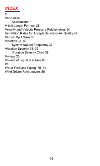 INDEX
V
Vane Axial
     Applications 7
V-belt Length Formula 26
Velocity and Velocity Pressure Relationships 54
Ventilation Rates for Acceptable Indoor Air Quality 42
Vertical Split Case 65
Vibration 37, 83
     System Natural Frequency 37
Vibration Severity 38–39
     Vibration Severity Chart 38
Voltage 23
Volume of Liquid in a Tank 83
W
Water Flow and Piping 70–71
Wind Driven Rain Louvers 56




                                103
 