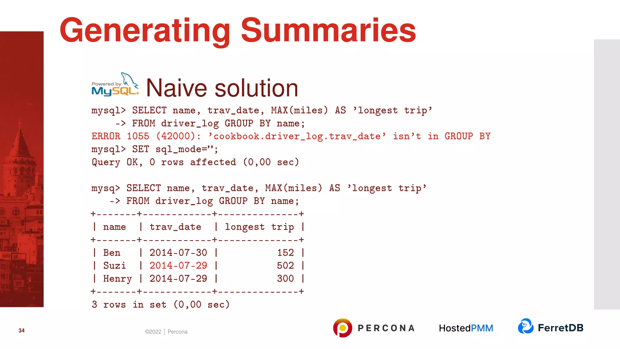 Naive solution mysql> SELECT name, trav_date, MAX(miles) AS ’longest trip’ -> FROM driver_log GROUP BY name; ERROR 1055 (42000): ’cookbook.driver_log.trav_date’ isn’t in GROUP BY mysql> SET sql_mode=”; Query OK, 0 rows affected (0,00 sec) mysq> SELECT name, trav_date, MAX(miles) AS ’longest trip’ -> FROM driver_log GROUP BY name; +-------+------------+--------------+ | name | trav_date | longest trip | +-------+------------+--------------+ | Ben | 2014-07-30 | 152 | | Suzi | 2014-07-29 | 502 | | Henry | 2014-07-29 | 300 | +-------+------------+--------------+ 3 rows in set (0,00 sec) Generating Summaries 34 ©2022 | Percona 