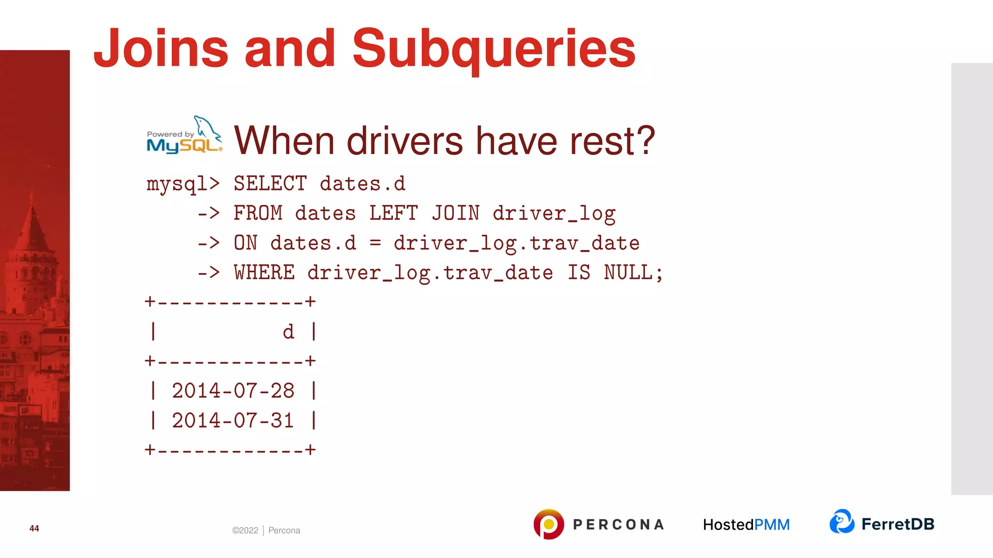 When drivers have rest? mysql> SELECT dates.d -> FROM dates LEFT JOIN driver_log -> ON dates.d = driver_log.trav_date -> WHERE driver_log.trav_date IS NULL; +------------+ | d | +------------+ | 2014-07-28 | | 2014-07-31 | +------------+ Joins and Subqueries 44 ©2022 | Percona 