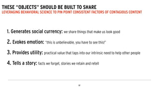 THESE “OBJECTS” SHOULD BE BUILT TO SHARE
LEVERAGING BEHAVIORAL SCIENCE TO PIN POINT CONSISTENT FACTORS OF CONTAGIOUS CONTENT
1. Generates social currency: we share things that make us look good
!
2. Evokes emotion: “this is unbelievable, you have to see this!”
!
3. Provides utility: practical value that taps into our intrinsic need to help other people
!
4. Tells a story: facts we forget, stories we retain and retell
 
