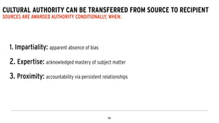 CULTURAL AUTHORITY CAN BE TRANSFERRED FROM SOURCE TO RECIPIENT
SOURCES ARE AWARDED AUTHORITY CONDITIONALLY, WHEN:
1. Impartiality: apparent absence of bias
!
2. Expertise: acknowledged mastery of subject matter
!
3. Proximity: accountability via persistent relationships
 