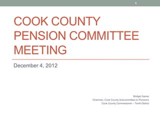 1




COOK COUNTY
PENSION COMMITTEE
MEETING
December 4, 2012




                                                    Bridget Gainer
                   Chairman, Cook County Subcommittee on Pensions
                          Cook County Commissioner – Tenth District
 