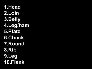 1.Head
2.Loin
3.Belly
4.Leg/ham
5.Plate
6.Chuck
7.Round
8.Rib
9.Leg
10.Flank
 