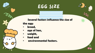 Several factors influence the size of
the egg:
• breed,
• age of hen,
• weight,
• feed and
• environmental factors.
 