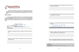 DRAFT DRAFT
How was your experience in discovering your strengths and the areas to
be developed? Did you gain valuable experience in exchanging insights with your
classmates? To learn more and deepen your understanding of PECs, do Task 5
below.
Task 5: Interview
Interview a successful chef or entrepreneur in your area whose type of business
is related with Cookery. Focus your interview on PECs and other business-related
attributes that helped them become successful. Analyze the result of the interview and
reflect on the similarities and/or differences. Write your answer on a separate sheet of
paper.
Sample Interview Guide
Name of Proprietor/Practitioner:
Age: Number of Years in Business:
Business Name:
Business Address:
1. What are your preparations before you engaged in this type of business or
job?
2. What are your special skills and characteristics that are related with your
business or job?
3. How did you solve business-related problems during the early years of
your business operation?
4. Did you follow the tips from a successful businessman or practitioner before
you engage in your business?
5. What are your best business practices that you can share with aspiring
students?
6. What are the salient characteristics, attributes, lifestyle, skills and traits that
made you successful in your business or job?
Note: Cull the needed information from the interview to supply answer/s to
Row 1 in the table below. Meanwhile, fill out the second row with your PECs.
18 19
Personal
Entrepreneurial
Competencies
Characteristics Attributes Lifestyles Skills Traits
Reflect and Understand
 