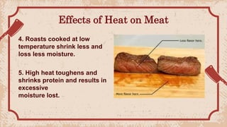 Effects of Heat on Meat
4. Roasts cooked at low
temperature shrink less and
loss less moisture.
5. High heat toughens and
shrinks protein and results in
excessive
moisture lost.
 