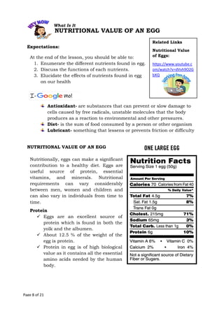 Related Links
Nutritional Value
of Eggs:
https://www.youtube.c
om/watch?v=dVvh9O2G
bXQ
What Is It
Protein
 Eggs are an excellent source of
protein which is found in both the
yolk and the albumen.
 About 12.5 % of the weight of the
egg is protein.
 Protein in egg is of high biological
value as it contains all the essential
amino acids needed by the human
body.
Page 8 of 21
NUTRITIONAL VALUE OF AN EGG
Expectations:
At the end of the lesson, you should be able to:
1. Enumerate the different nutrients found in egg.
2. Discuss the functions of each nutrients.
3. Elucidate the effects of nutrients found in egg
on our health
Antioxidant- are substances that can prevent or slow damage to
cells caused by free radicals, unstable molecules that the body
produces as a reaction to environmental and other pressures.
Diet- is the sum of food consumed by a person or other organism
Lubricant- something that lessens or prevents friction or difficulty
NUTRITIONAL VALUE OF AN EGG
Nutritionally, eggs can make a significant
contribution to a healthy diet. Eggs are
useful source of protein, essential
vitamins, and minerals. Nutritional
requirements can vary considerably
between men, women and children and
can also vary in individuals from time to
time.
 