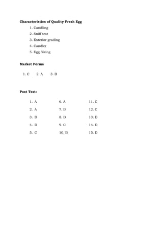 Characteristics of Quality Fresh Egg
1. Candling
2. Sniff test
3. Exterior grading
4. Candler
5. Egg Sizing
Market Forms
1. C 2. A 3. B
Post Test:
1. A 6. A 11. C
2. A 7. B 12. C
3. D 8. D 13. D
4. D 9. C 14. D
5. C 10. B 15. D
 